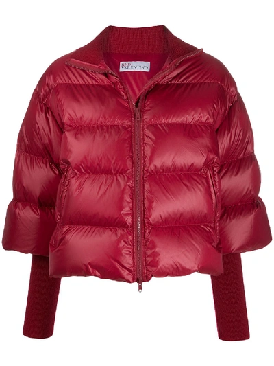 Red Valentino Red(v) Knitted Sleeves Zipped Puffer Jacket In Lacca