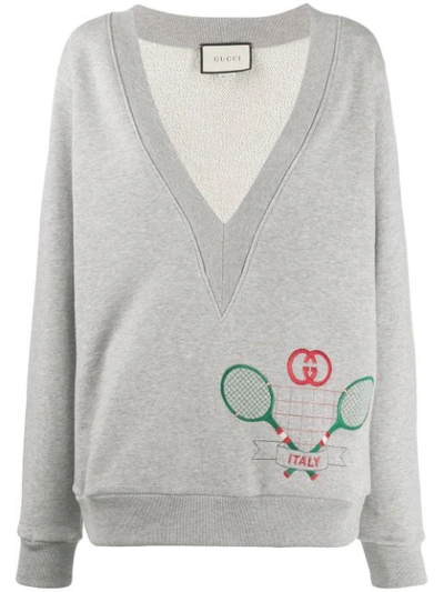 Gucci Plunge Neck Tennis Sweatshirt In Grey