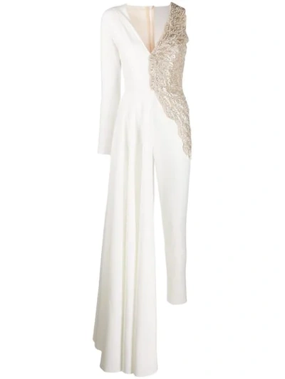 Loulou Asymmetric Beaded Jumpsuit In White