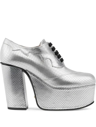 Gucci Metallic Leather Platform Lace-up Shoes In Silver
