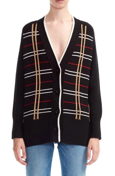 Maje Mada Striped Wool-blend Cardigan Sweater In Black