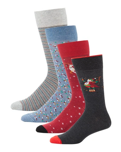 Neiman Marcus Men's 4-pack Wool-blend Socks In Holiday Gift Box In Multi