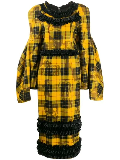 Comme Des Garçons Tartan Ruffled Cape-sleeve Midi Dress In Yellow