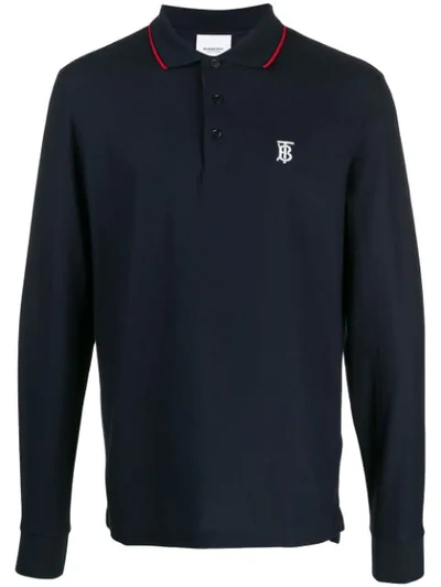 Burberry Embroidered Monogram Long Sleeve Pique Polo In A1222 Navy
