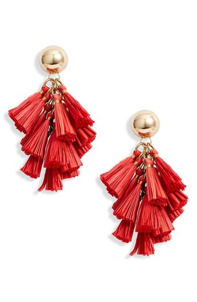 Akola Raffia Tassel Cluster Earrings In Red