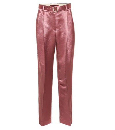 Sies Marjan Blanche Belted Pleated Satin-twill Wide-leg Pants In Pink/purple