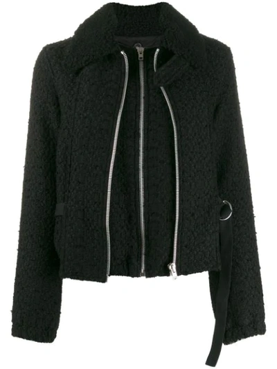 Helmut Lang Tweed Virgin Wool-blend & Shearling Collar Bomber Jacket In Black