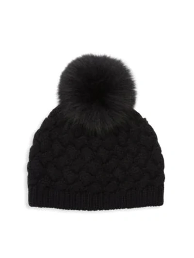 Raffaello Bettini Fox Fur Pom-pom Interlocking Stitch Cashmere Beanie In Black