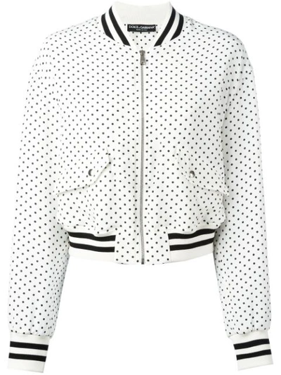 Dolce & Gabbana Polka Dot Print Padded Silk Bomber Jacket In Bianco Pois Nero