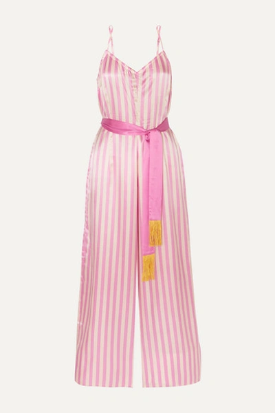 Morgan Lane Cai Belted Striped Charmeuse Jumpsuit In Pink
