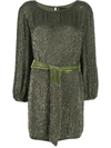 Retroféte Grace Velvet-trimmed Sequined Chiffon Mini Dress In Army Green