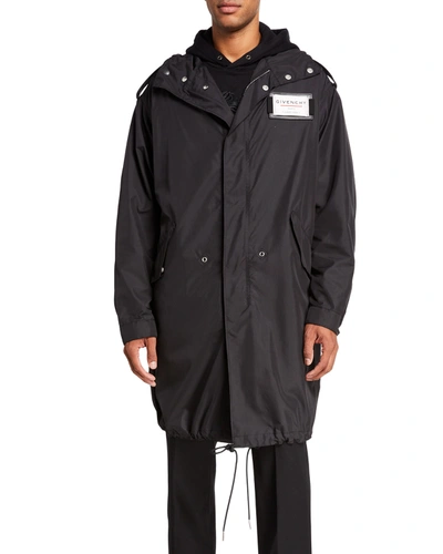 Givenchy Men's Taffeta Hooded Parka With Chest Label In Black