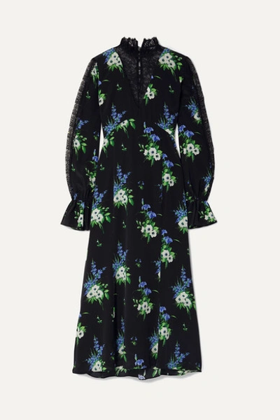 Les Rêveries Lace-paneled Floral-print Silk Crepe De Chine Midi Dress In Black