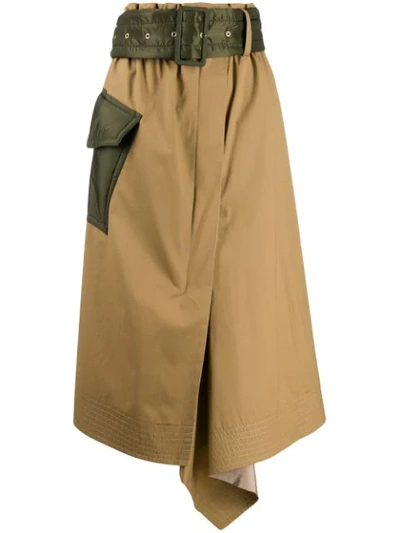 Sacai Belted Shell-trimmed Draped Cotton-canvas Midi Skirt In Beigekhaki