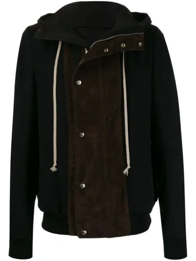 Rick Owens Leather Panel Hooded Jacket In Black