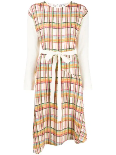 Loewe Check Wool Long Sleeve Midi Dress In White/ Multicolor