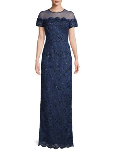 Js Collections Illusion Short-sleeve Embroidery Gown In Navy