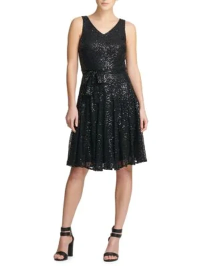 Donna Karan Sequined Fit-&amp;-flare Dress In Black
