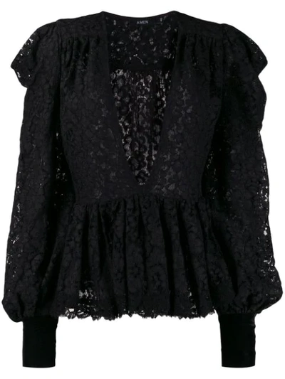 Amen Plunging Neck Lace Blouse In Black
