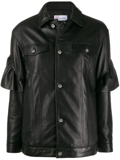 Red Valentino Ruffle Trim Leather Jacket In Black