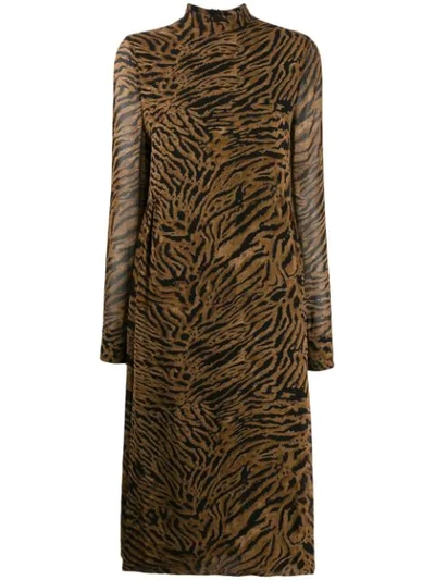 Ganni Animal Print Crepè Dress In Brown