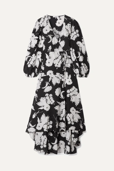 Ganni Kochhar Floral-print Silk Crepe De Chine Maxi Wrap Dress In Black/white