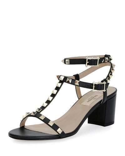  Valentino  Rockstud Leather Double Strap Sandals  In Black 