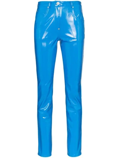 Pushbutton Vinyl High-waist Trousers In Blue
