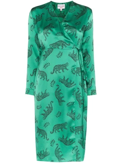 Hvn Julia Printed Woven Silk Wrap Dress In Green