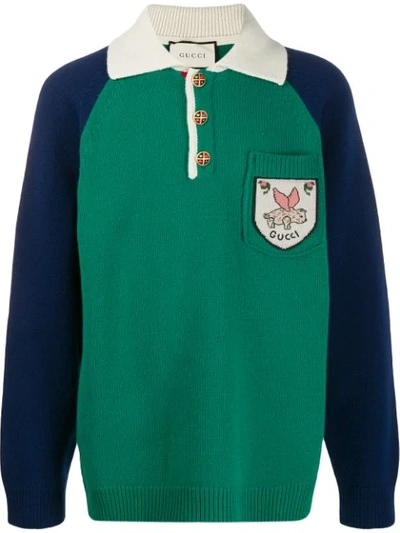 Gucci Logo Patch Knitted Polo Shirt In Green ,blue