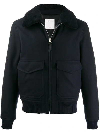 Sandro Shearling-collar Aviator Jacket In Navy Blue