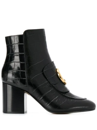 Chloé Crocodile Effect 80mm Ankle Boots In Black