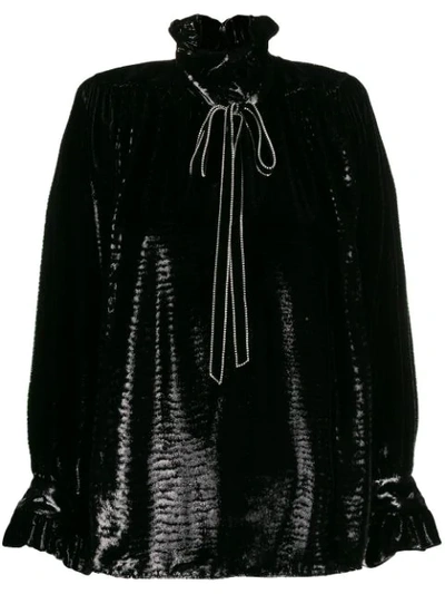 Saint Laurent Pussy-bow Crystal-embellished Metallic Velvet Blouse In Black