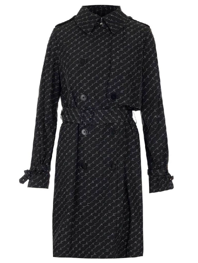 Stella Mccartney Logo All Over Print Belted Trench Coat In Black