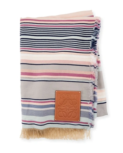 Loewe Striped Wool/cotton Blanket W/ Fringed Ends In White