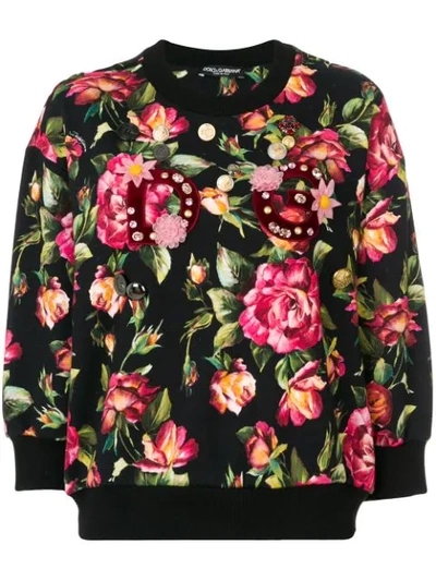 Dolce & Gabbana Embellished Floral-print Cotton-blend Fleece Sweatshirt In Black