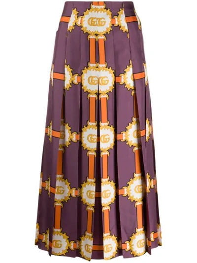 Gucci Gg Doubloon Harness Print Pleated Silk Twill Skirt In Violet/ Orange Print