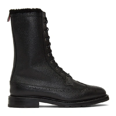 Thom Browne Black Shearling Longwing Commando Boots In Black Supplier Textile: Pebble Grain