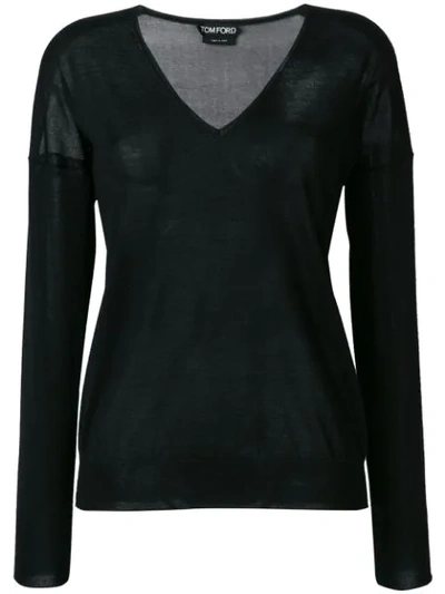 Tom Ford Long-sleeve V-neck Cashmere-silk Top In Black