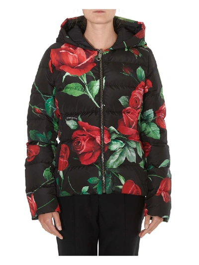 Dolce & Gabbana Roses Print Oversize Down Jacket In Black