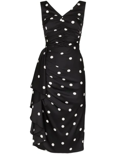 Dolce & Gabbana Polka-dot Ruched Silk-blend Midi Dress In Black