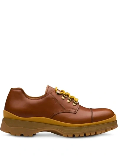 Prada Leather Laced Derby Shoes In Brown