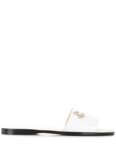 Jimmy Choo Minea Flat Latte Croc-embossed Leather Flat Sandals With Jc Logo In White