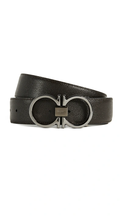 Ferragamo Men's Double Gancini Reversible Leather Belt In Hickory/nero