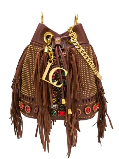 La Carrie Rhinestone-embellished Fringed Bucket Bag In Brown