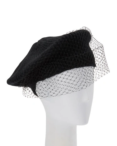 Jennifer Behr Mohair Veiled Beret In Black