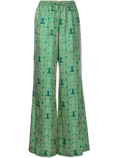 Lanvin Wide Leg Printed Silk Satin Pants In Green