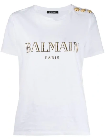 Balmain Logo Printed T-shirt In White + Gold