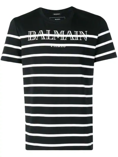 Balmain Striped Logo Print T-shirt In Black