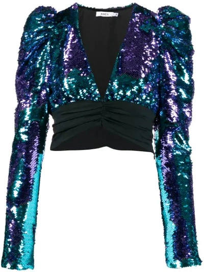 Amen Cropped Sequin Blouse In Blue